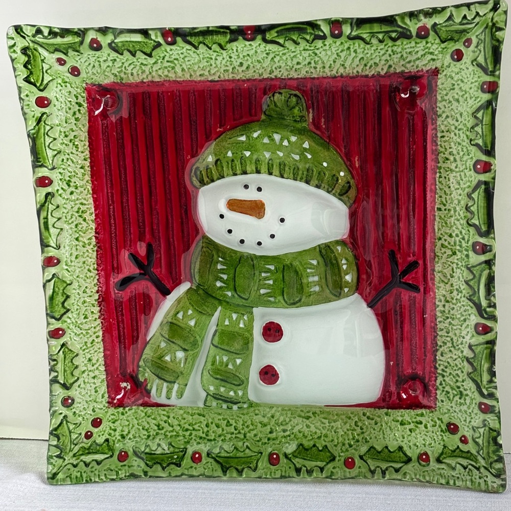 Holiday VTG Snowman Square Glass plate 2005 Xmas decor 9.75”
